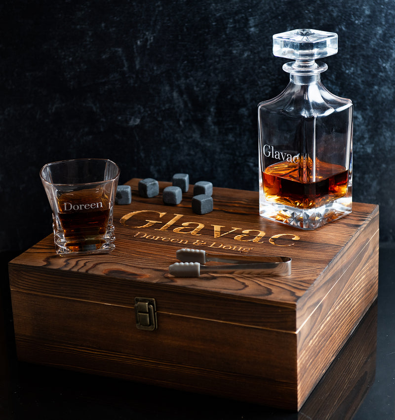 Personalized Engraved Decanter Full Set with Wood Box, Glasses, and Whiskey Stones