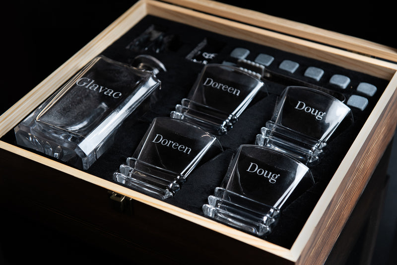 Personalized Engraved Decanter Full Set with Wood Box, Glasses, and Whiskey Stones