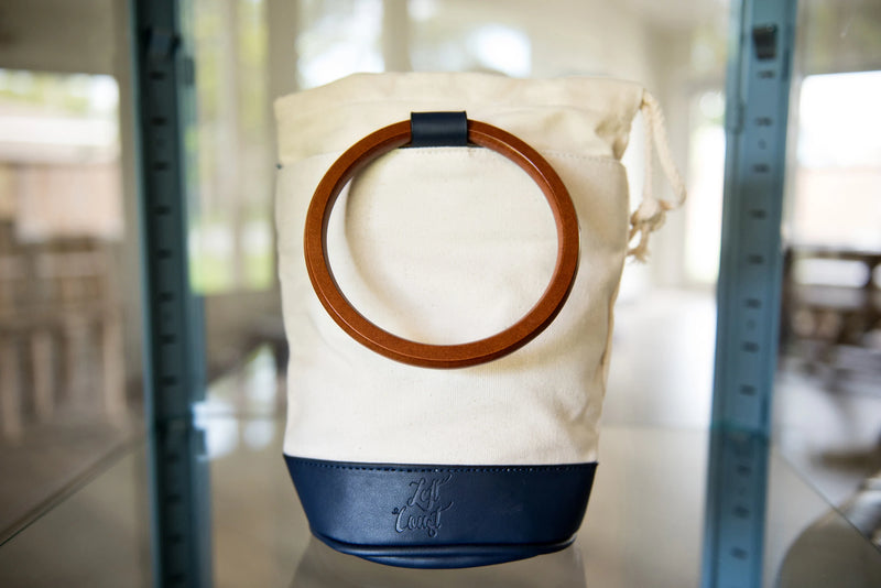 Bucket Bag - Canvas Shoulder Tote with Wooden Handles