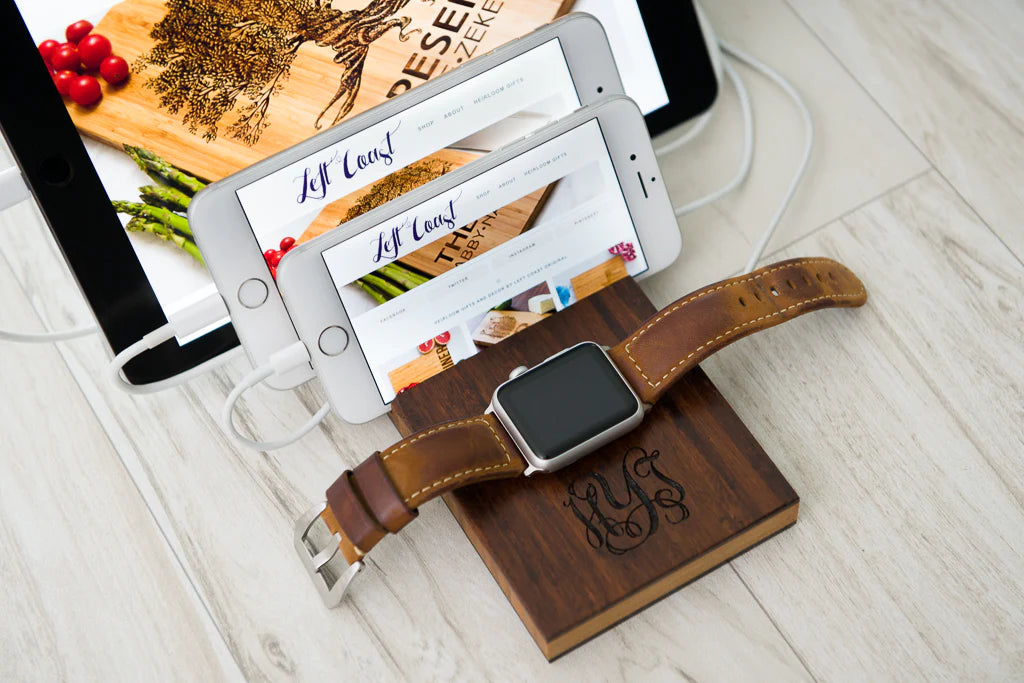 Triple Slot Apple Watch Charging Dock Personalized Gift Organized Anniversary Wedding Mom Dad Guy