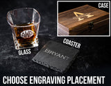 Custom Engraved Whiskey Box Gift Set, Engraved Scotch Glasses, Personalized Whiskey Set, Whiskey Stones, Engraved Stone Coasters