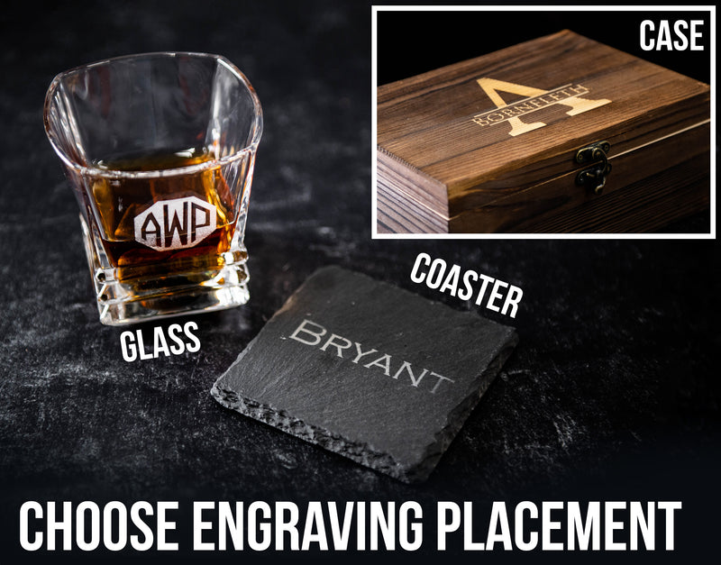 Engraved Decanter, Scotch Glasses and Whiskey Stone