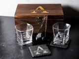 Custom Engraved Whiskey Box Gift Set, Engraved Scotch Glasses, Personalized Whiskey Set, Whiskey Stones, Engraved Stone Coasters