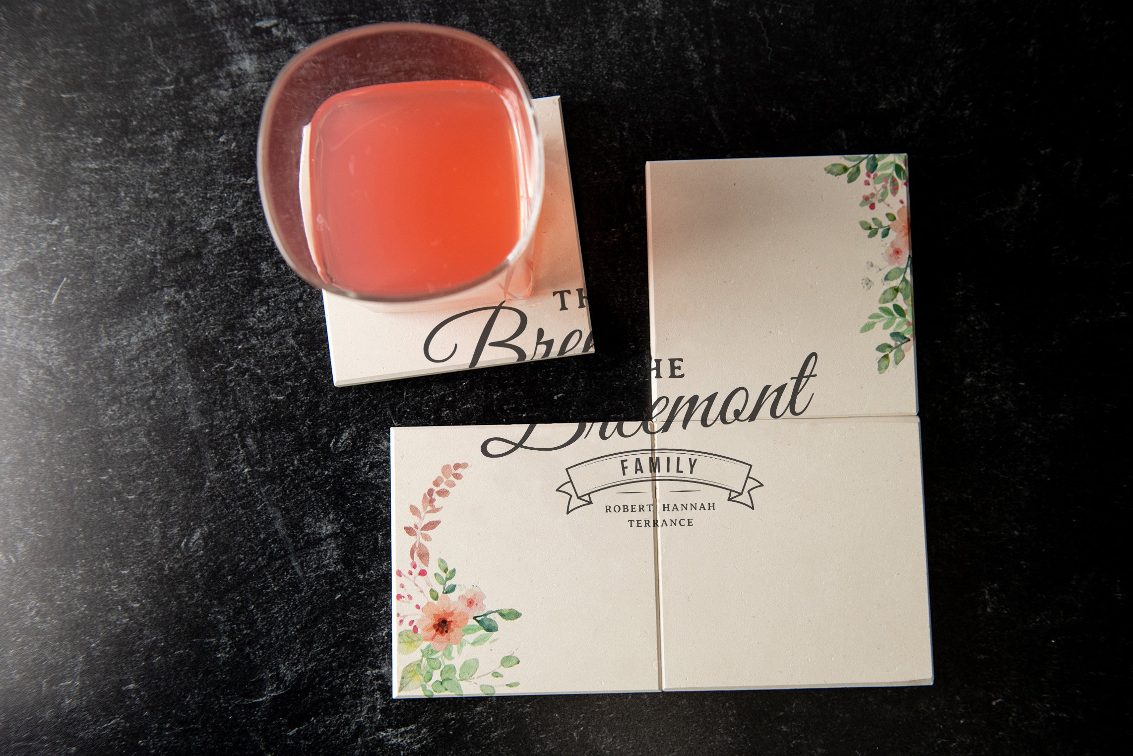 Personalized Limestone Coasters | Printed Floral and Vine Artwork