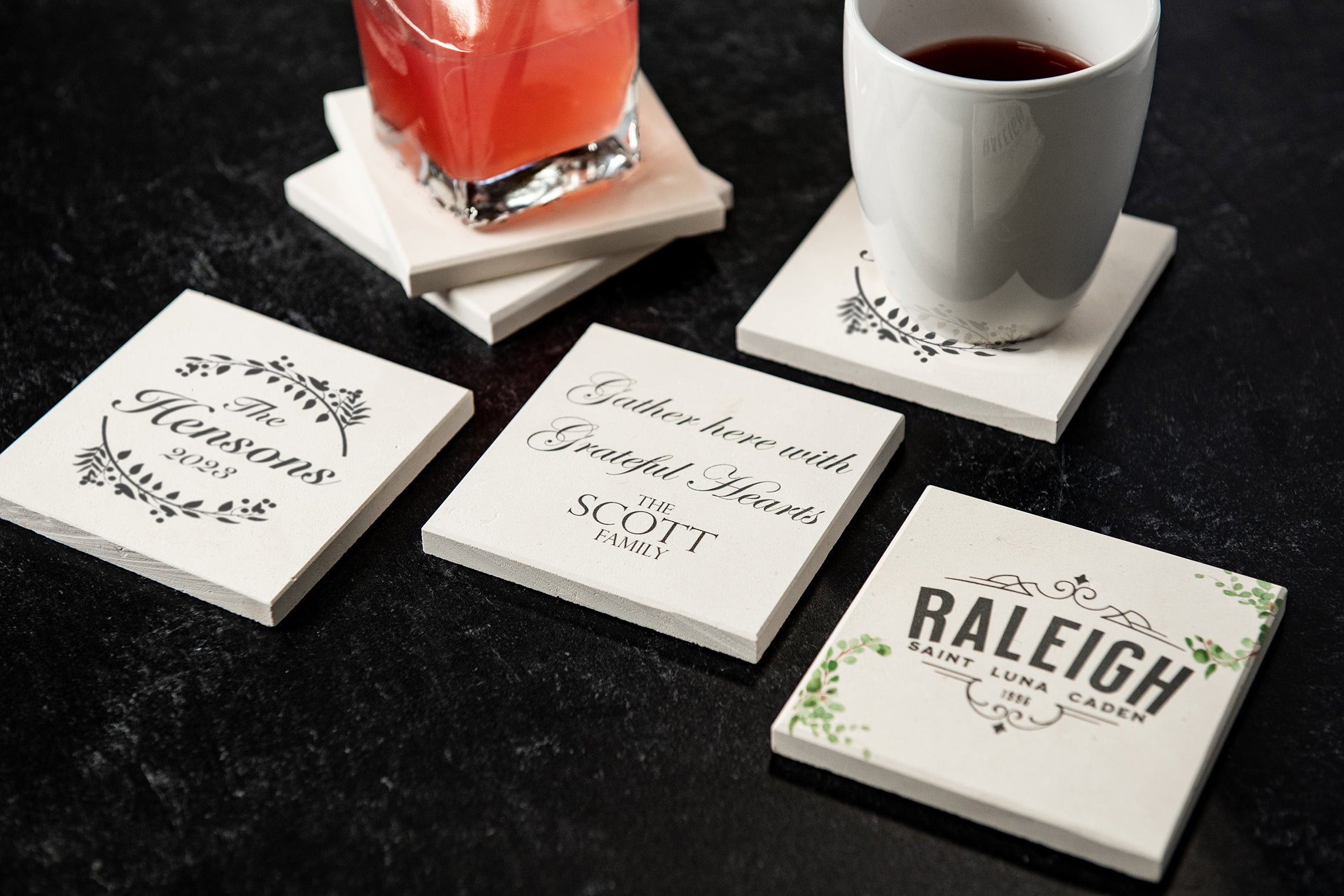 Personalized Limestone Coasters | Printed Floral and Vine Artwork