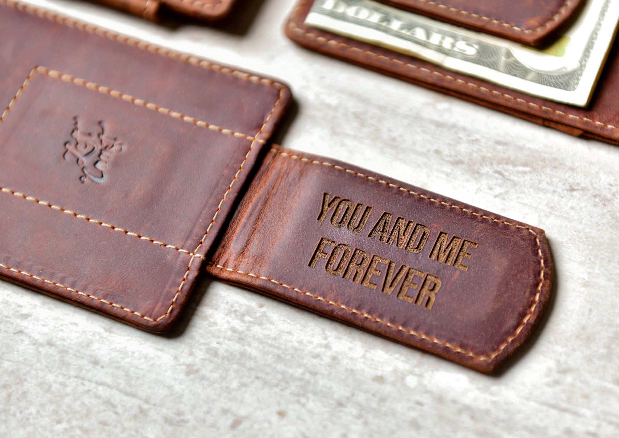Close-up of the Super Slim Personalized Leather Magnetic Money Clip with clip engraving