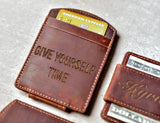 Close-up of the Super Slim Personalized Leather Magnetic Money Clip with engraving