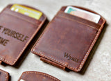 Close-up of the Super Slim Personalized Leather Magnetic Money Clip with name engraving