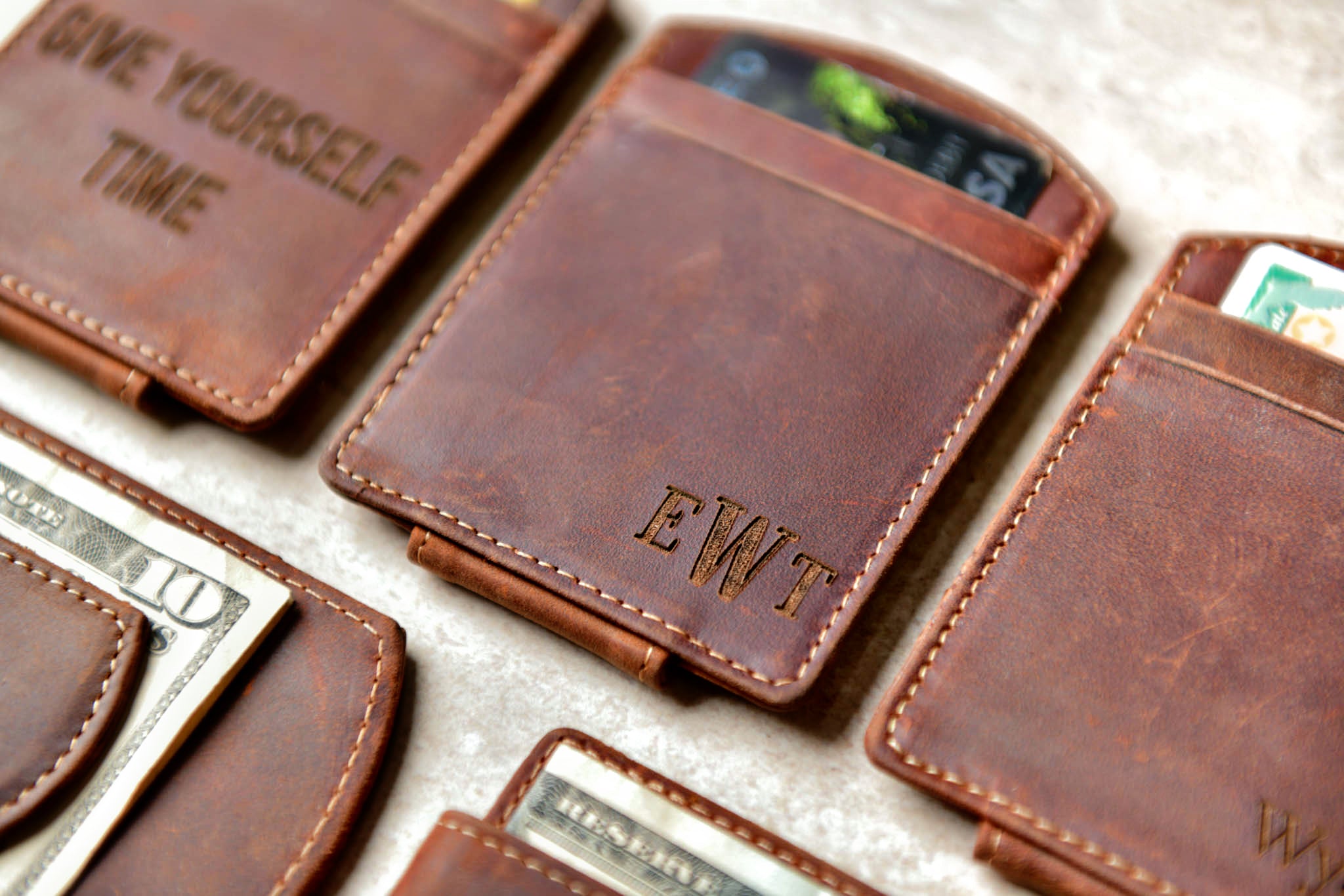 Super Slim Personalized Leather Magnetic Money Clip with engraved initials