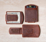 Three Super Slim Personalized Leather Magnetic Money Clips with engravings on the clip and corner