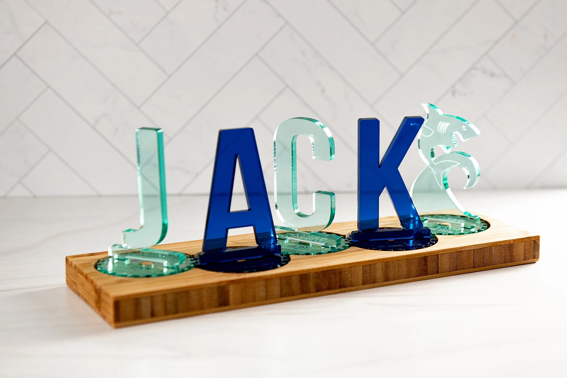 Personalized Sprocket Name Puzzle Acrylic and Wooden Toy Display | BusyWorx©