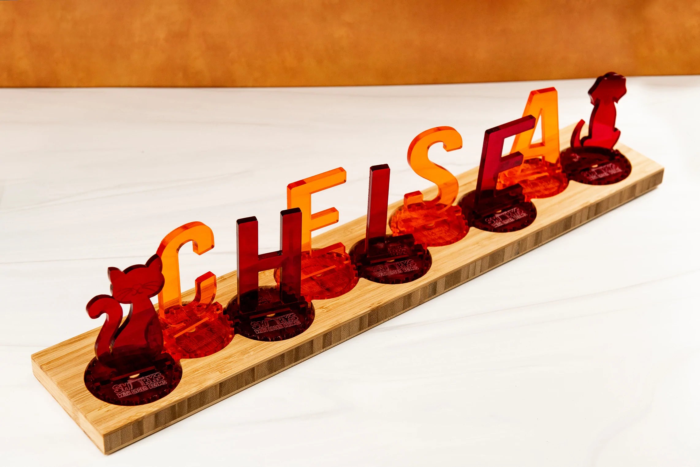 Personalized Sprocket Name Puzzle Acrylic and Wooden Toy Display | BusyWorx©