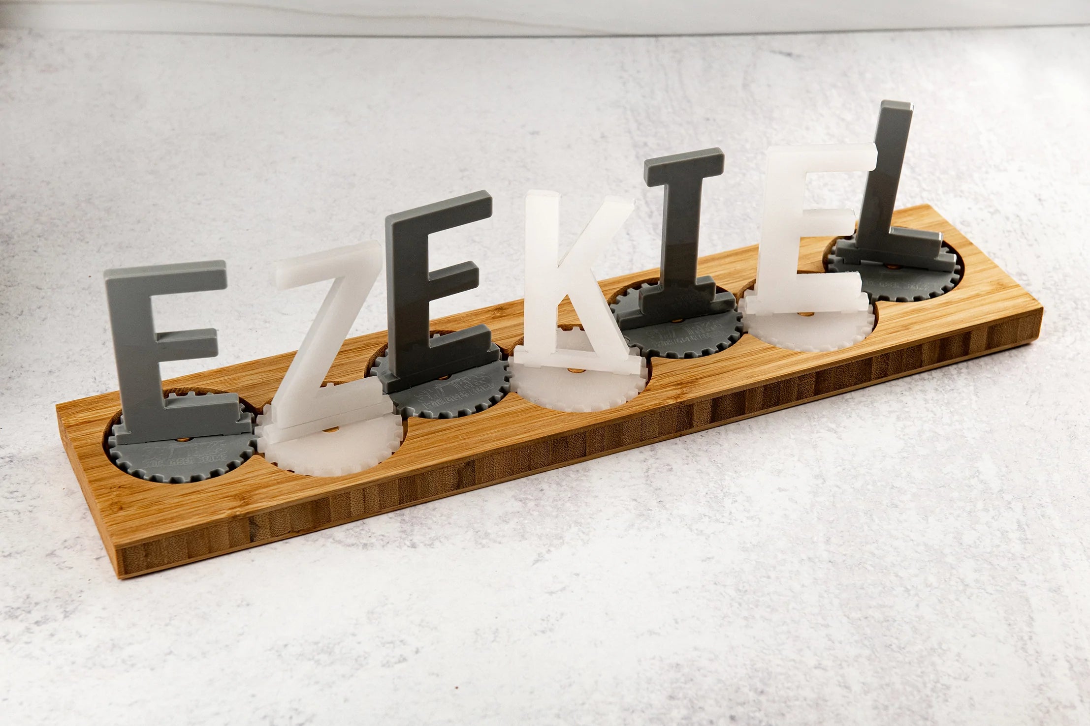 Personalized Sprocket Name Puzzle Acrylic and Wooden Toy Display | BusyWorx©