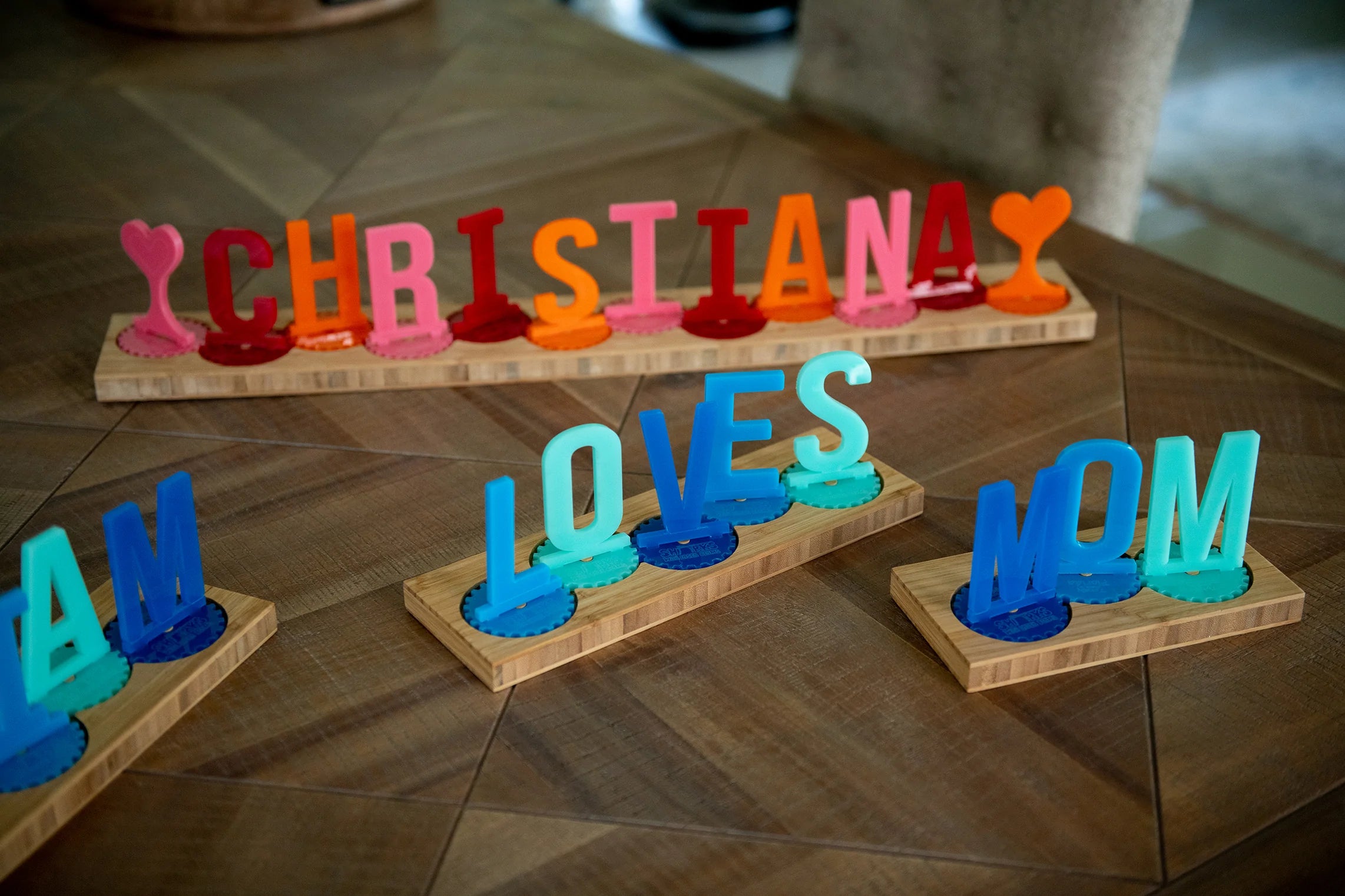 Personalized Sprocket Name Puzzle Acrylic and Wooden Toy Display | BusyWorx©