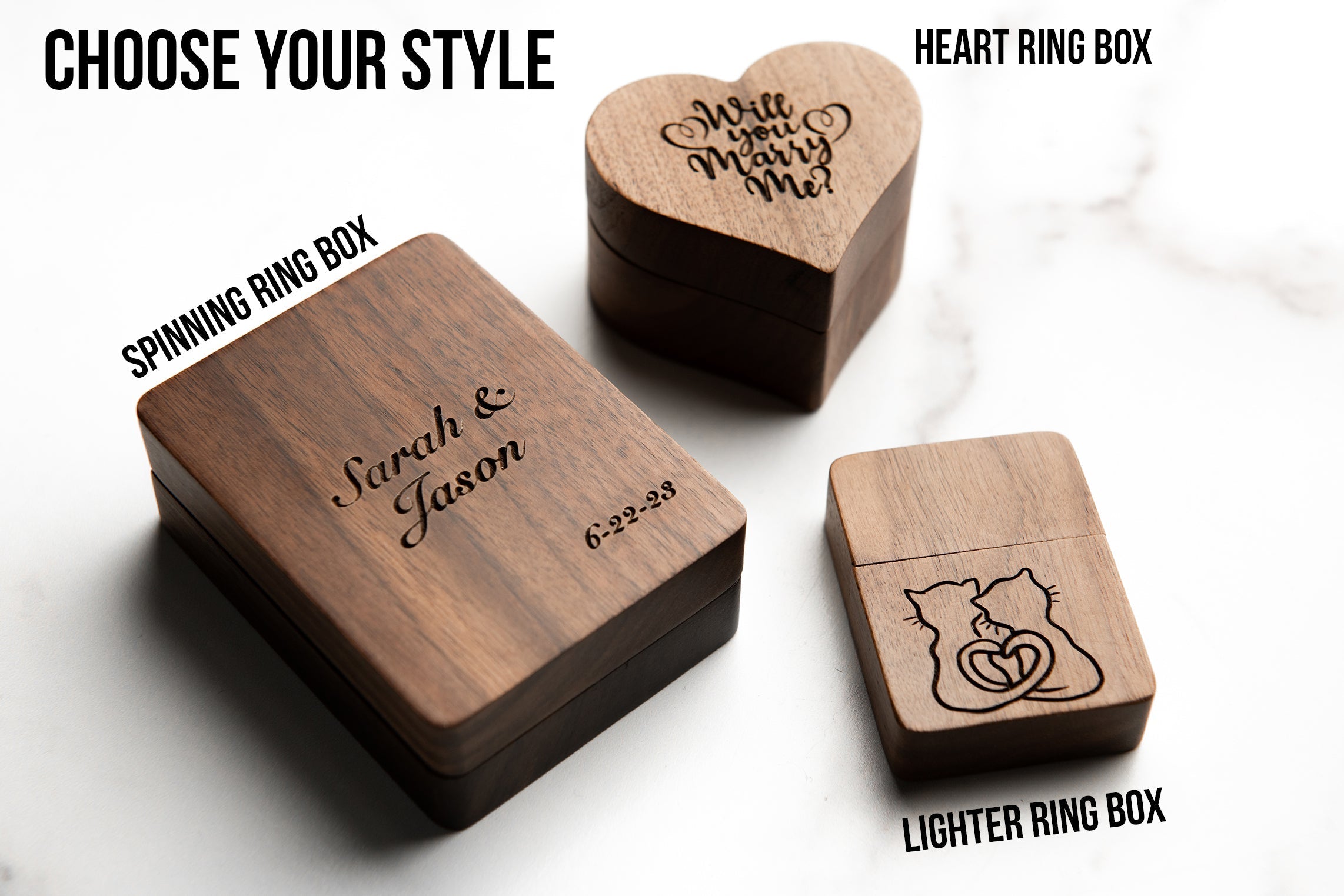 Personalized Wood Ring Box, Engraved for Proposal Wedding and Bride - 3 Styles Available