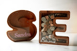 Personalized Initial Letter Shaped Wood Coin Bank