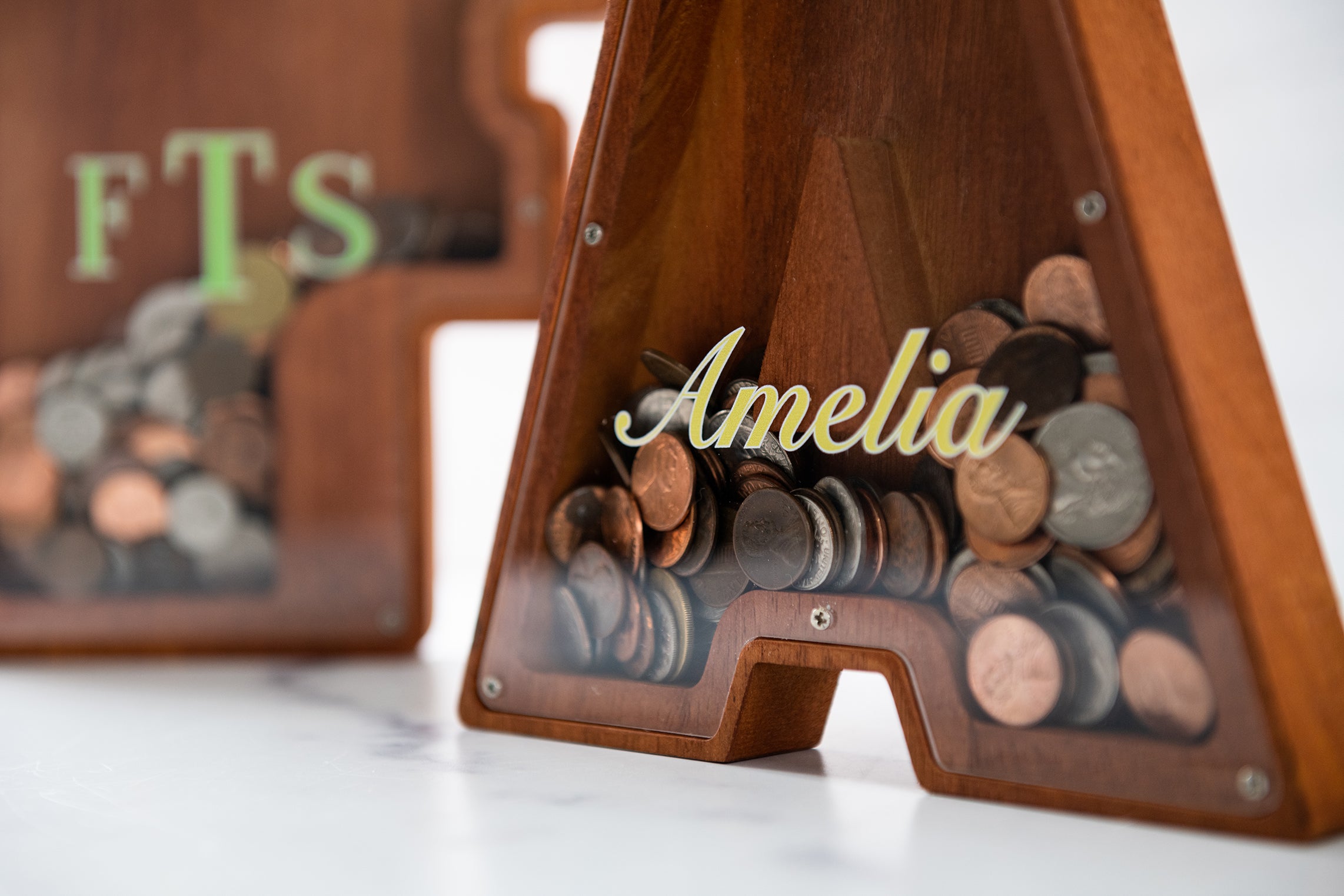 Personalized Initial Letter Shaped Wood Coin Bank