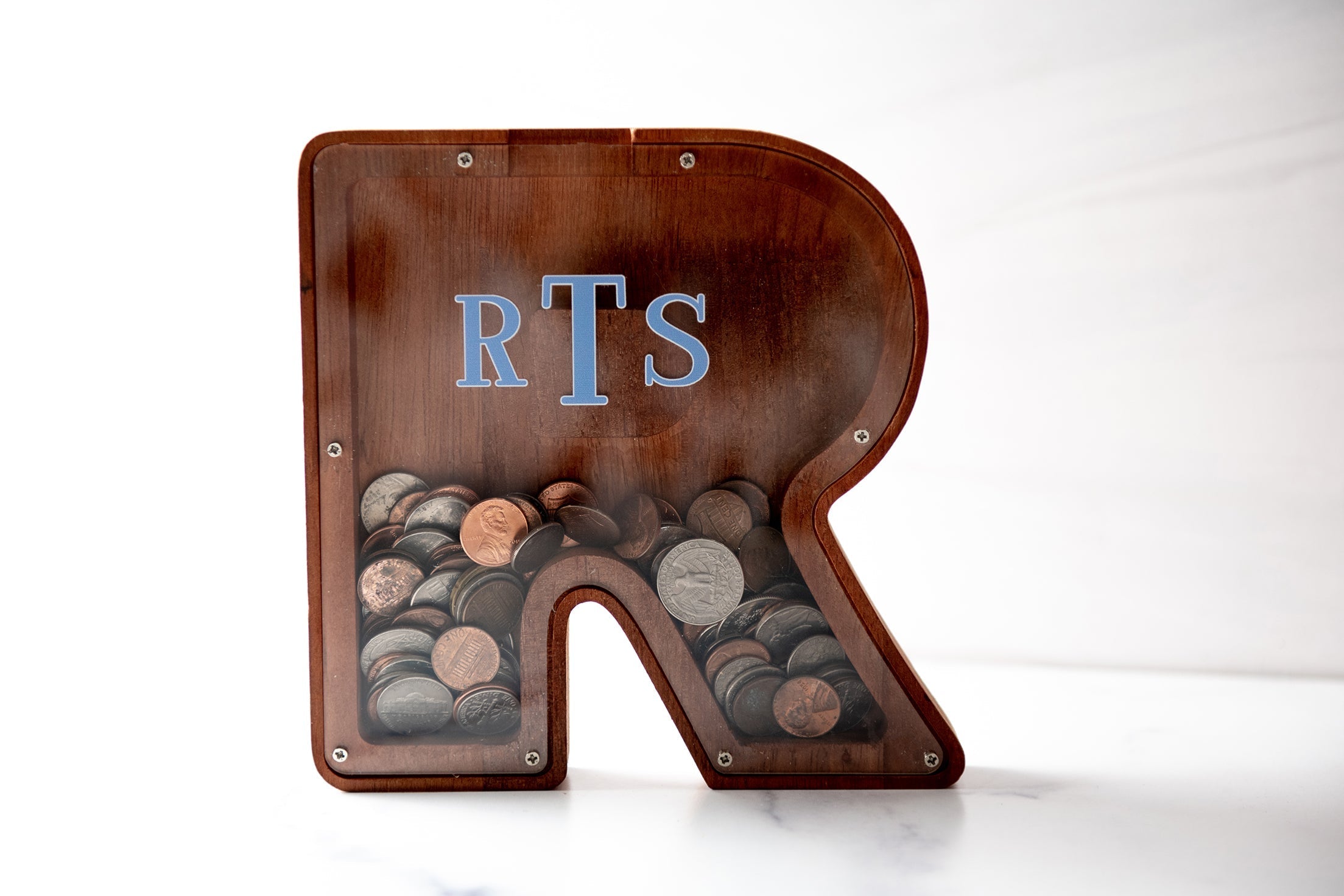 Personalized Initial Letter Shaped Wood Coin Bank