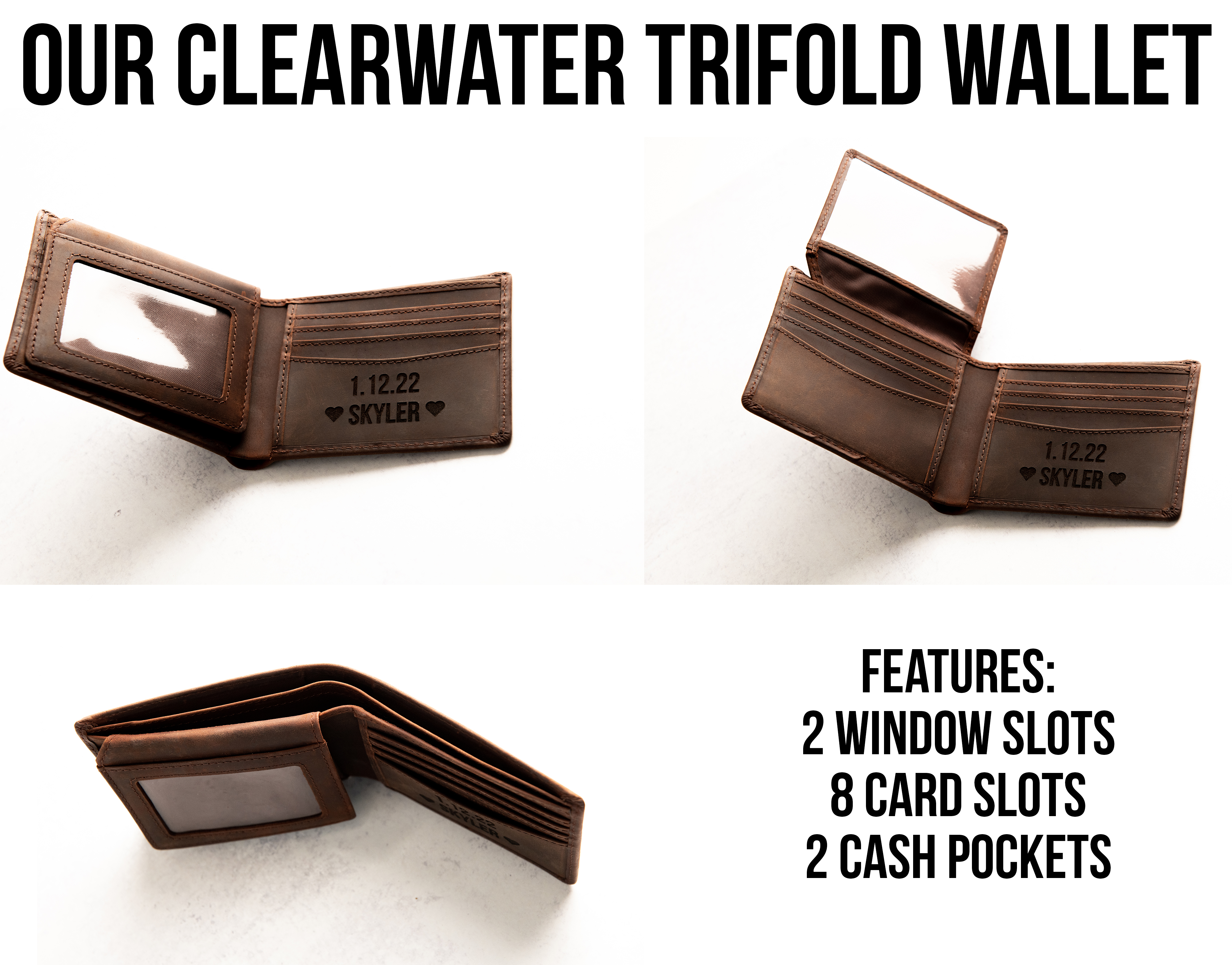 The Clearwater Personalized Leather Trifold RFID Blocking Wallet