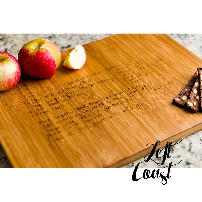 Custom Handwriting Personalized Bamboo Cutting Board with engraved recipe and food
