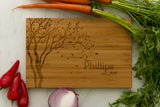 Falling Leaves Personalized Bamboo Cutting Board surrounded by veggies