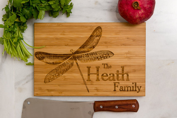 Personalized Cutting Board, Wedding Gift, Dragonfly, Anniversary Gift, Family Name, Engraved Gift