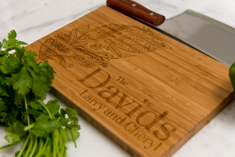 Personalized Cutting Board, Feather, Wedding Gift, Anniversary  Family Name Engraved Gift Monogram