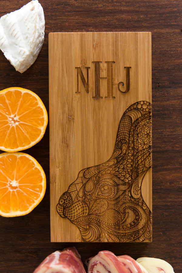 Personalized Cutting Board Bunny Rabbit Intricate Dad Mom Wedding Anniversary Monogram Initials Engraved Chef Cheese Board