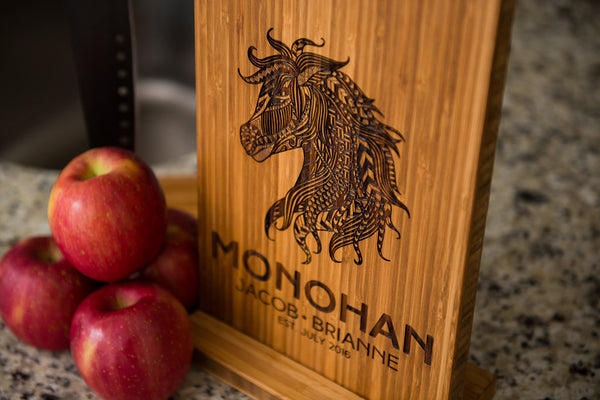 Personalized Cutting Board Wedding Horse Anniversary Family Name Engraved Monogram Initials Chef