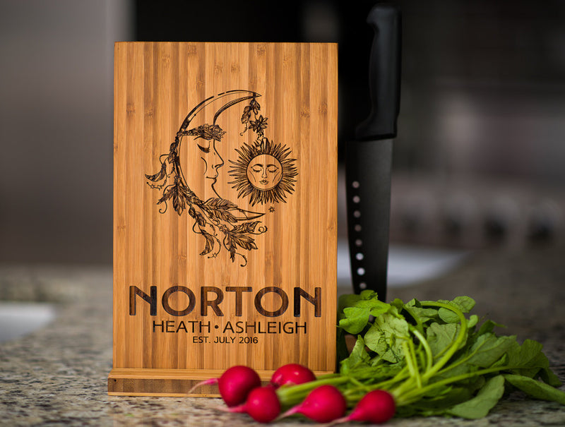 Personalized Cutting Board Wedding Sun Moon Anniversary Family Name Engraved Monogram Initials Chef