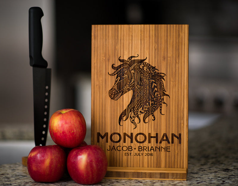 Personalized Cutting Board Wedding Horse Anniversary Family Name Engraved Monogram Initials Chef