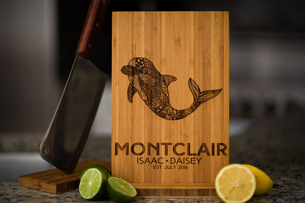 Personalized Cutting Board Wedding Dolphin Anniversary Family Name Engraved Initials Kitchen