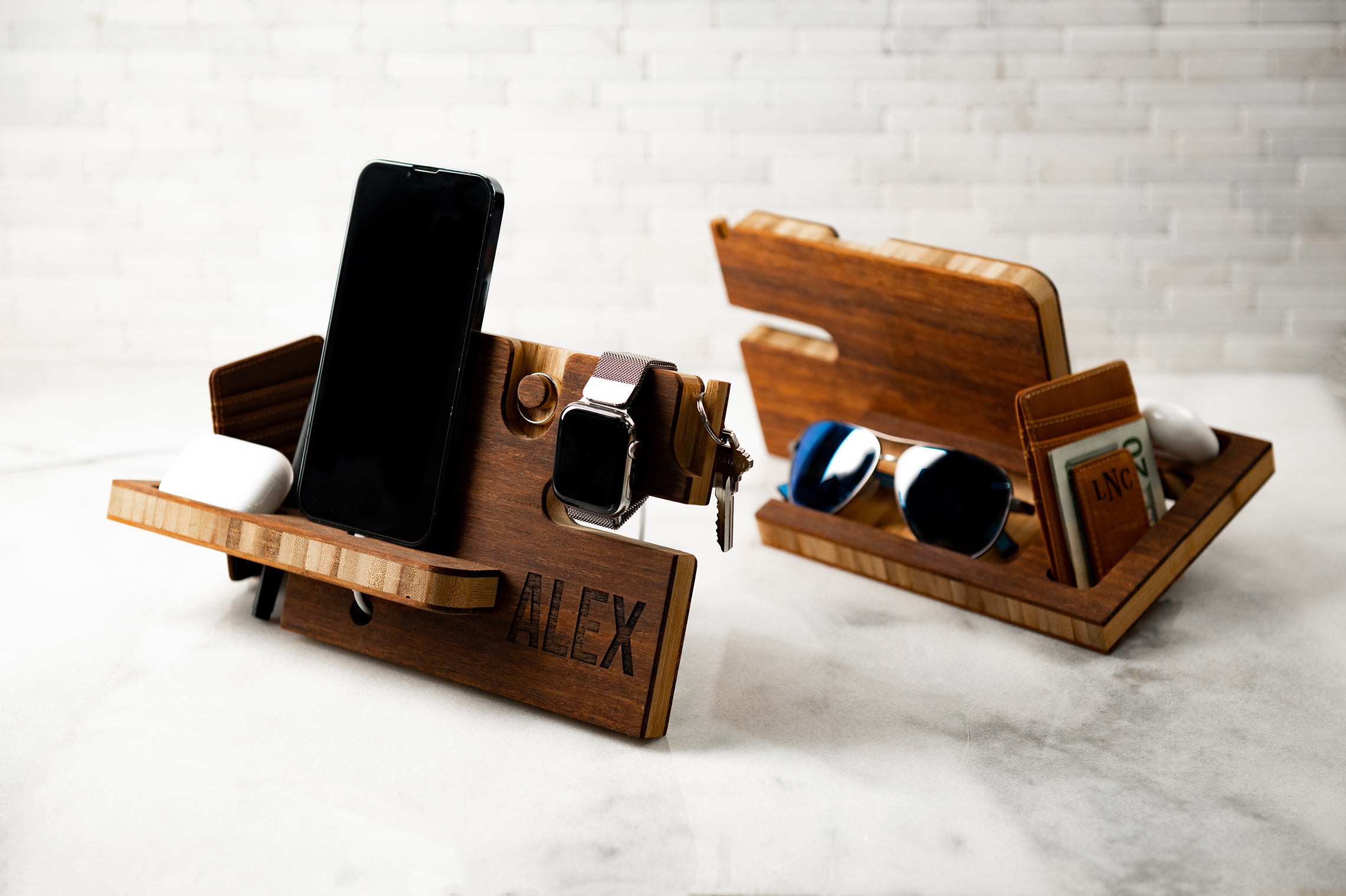 Personalized Wood Desktop Valet For Him - Charging Dock