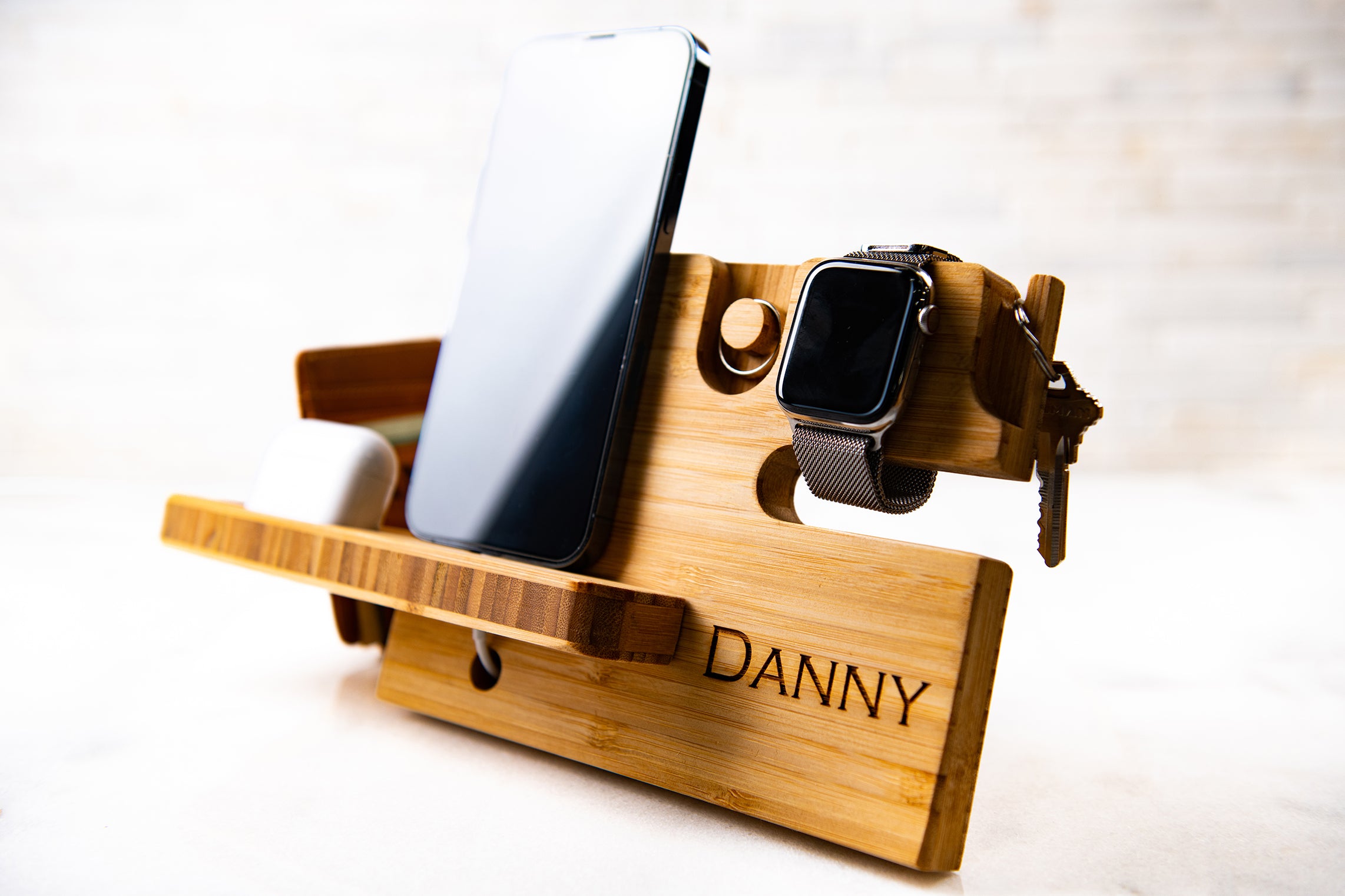 Personalized Wood Desktop Valet For Him - Charging Dock