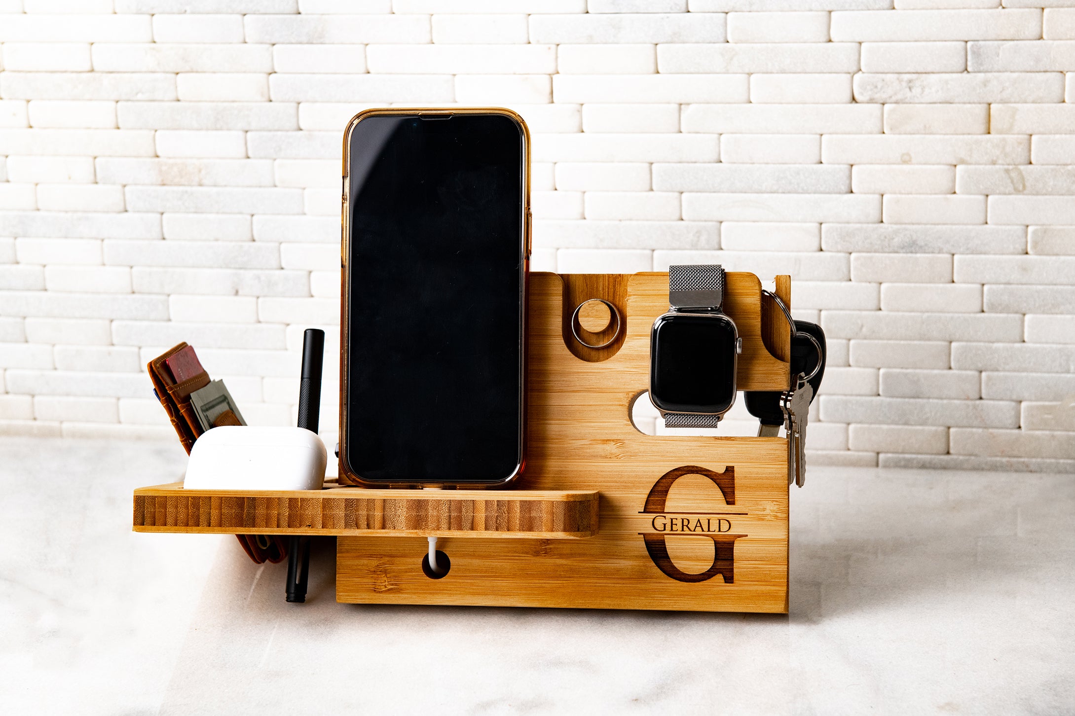 Personalized Wood Desktop Valet For Him - Charging Dock