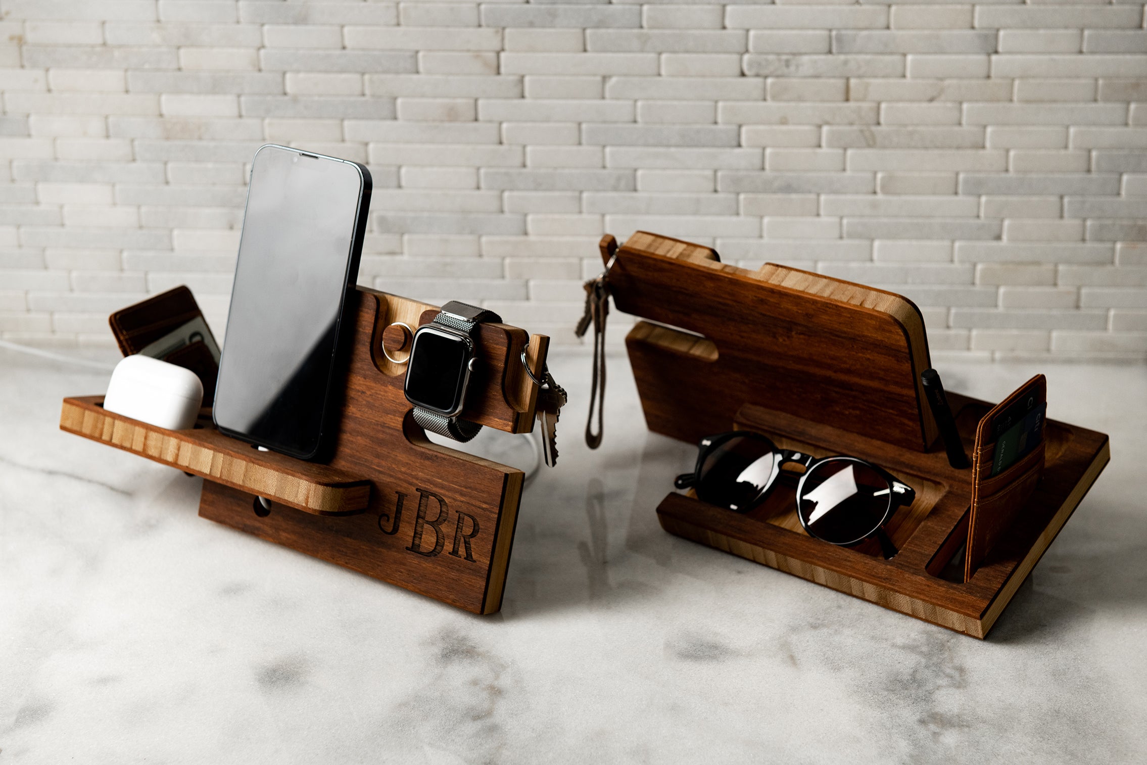 Personalized Wood Desktop Valet For Him - Charging Dock